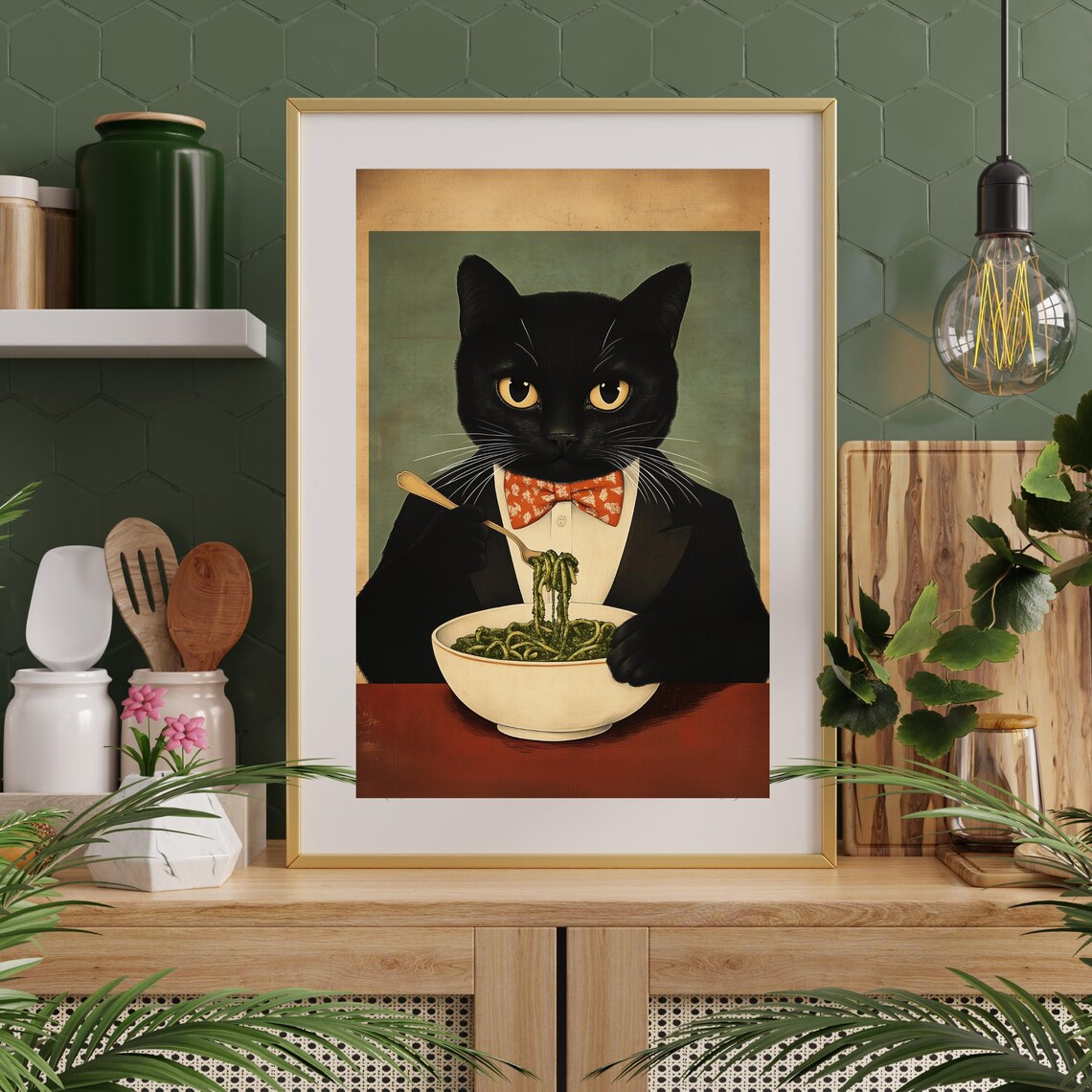 Dapper Black Cat in Tuxedo Eating Spaghetti Quirky Vintage Poster - Image 2