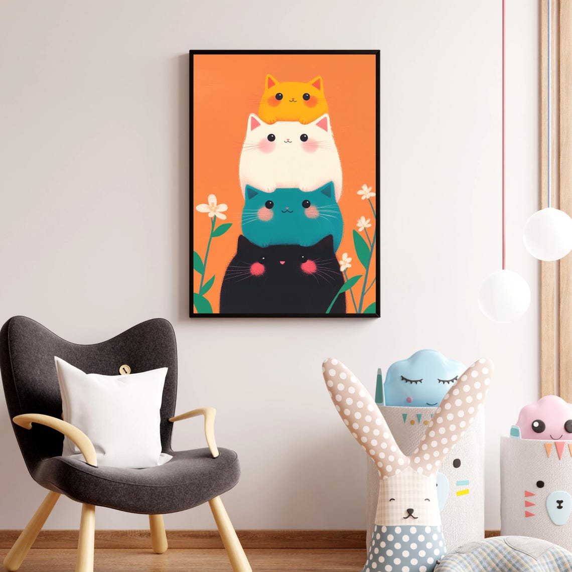 Playful Stack of Four Chubby Cute Cats on a Bright Orange Poster - Image 3