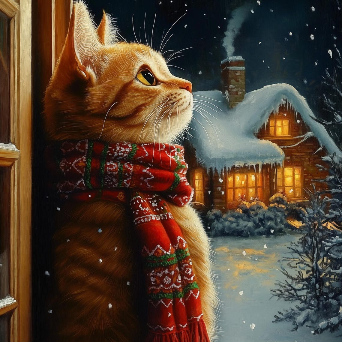 Adorable Orange Cat In Red Scarf Watching Snowy Night Poster - Image 3