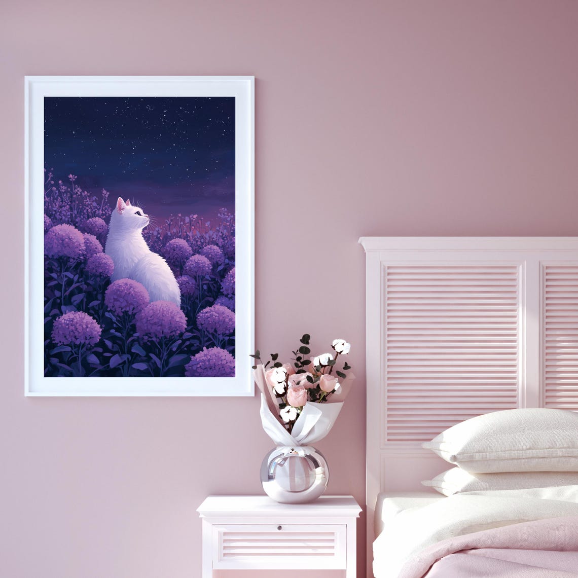 White Cat Among Purple Flowers Under A Starry Night Sky Art Poster - Image 2