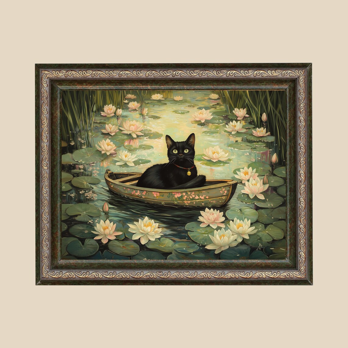 Serene Black Cat in a Small Wooden Boat on a Lily Pond Poster - Image 3