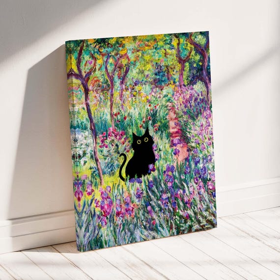 Monet-Inspired Black Cat Garden Art Print