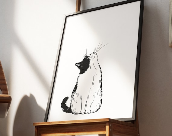 Black and White Cat Looking Up Sitting Ink Illustration Minimal Cat Poster