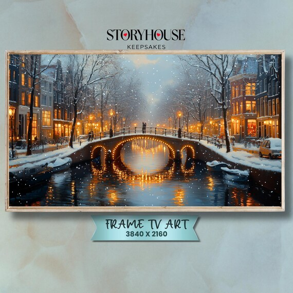 Amsterdam Snowy Canal Bridge Night Lights Painting Art Poster