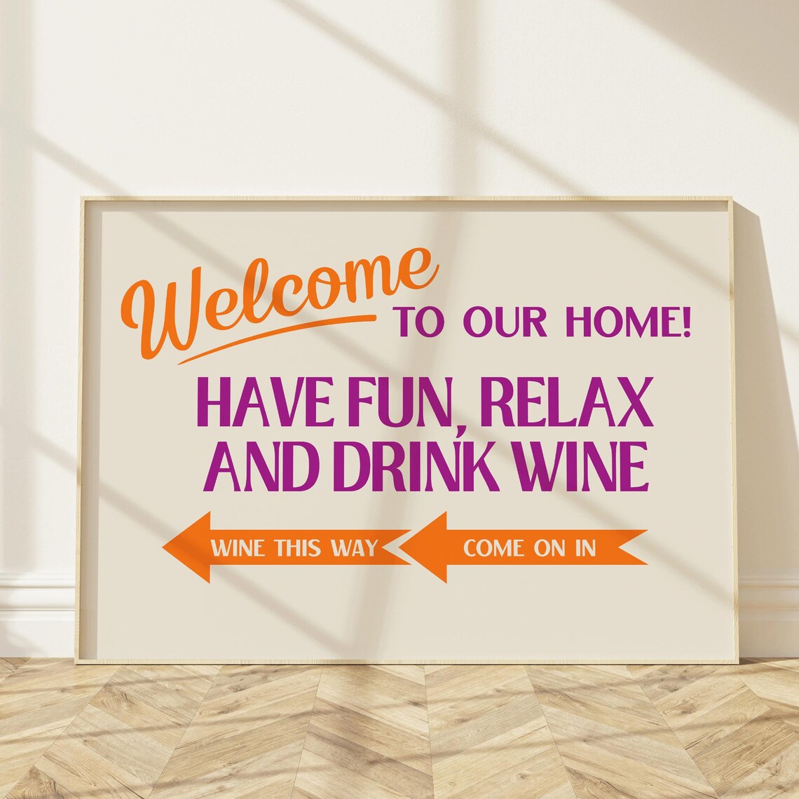 Welcome To Our Home Wine Poster in Orange and Purple Retro Typography