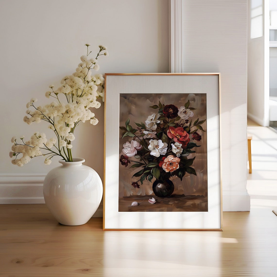 Vintage Flower Painting Floral Still Life Bouquet Botanica Art Farmhouse Decor Flower In Vase Painting Wall Art
