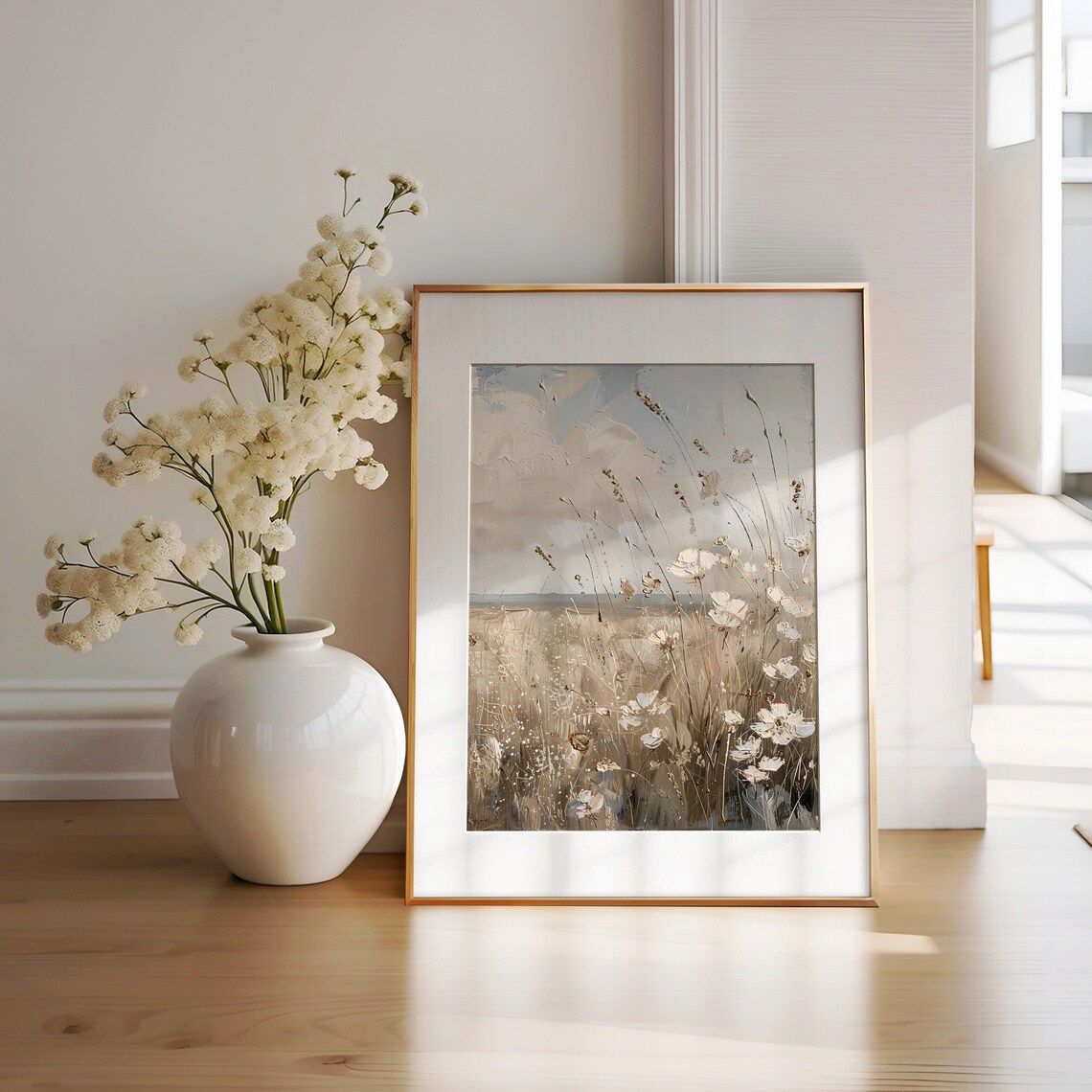 Wildflower Coastal Painting, Neutral Floral Botanical Art