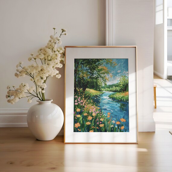 Orange Wildflowers Along Blue River Impressionist Landscape Painting Poster