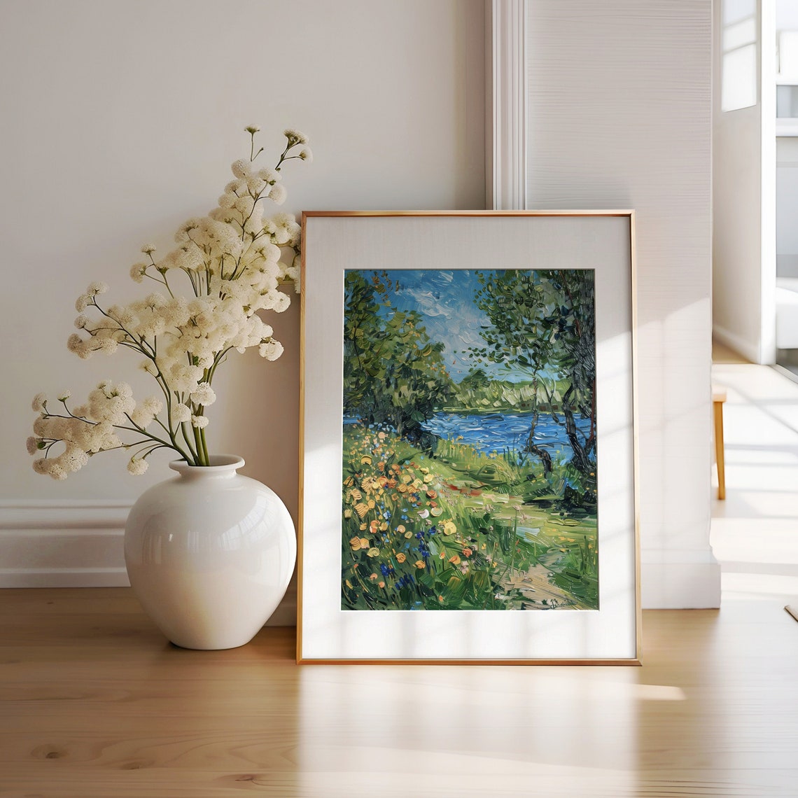 Wildflower Meadow By The Lake With Trees Impressionist Nature Wall Art
