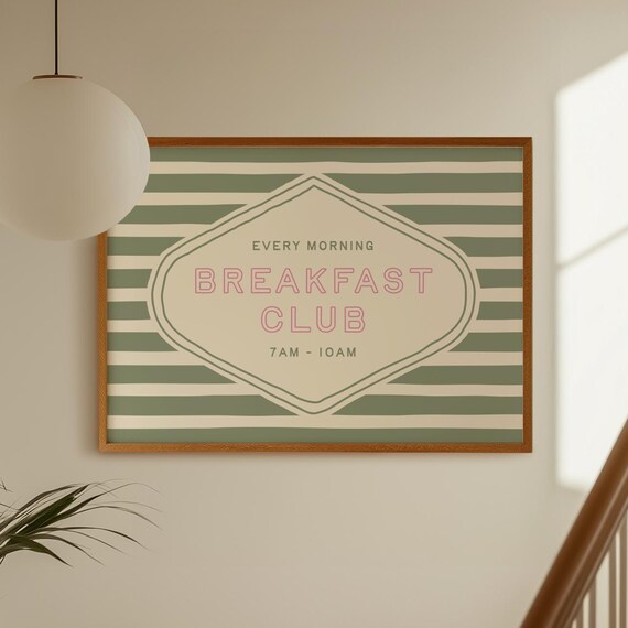 Breakfast Club Sage Green Striped Retro Kitchen Dining Decor Poster