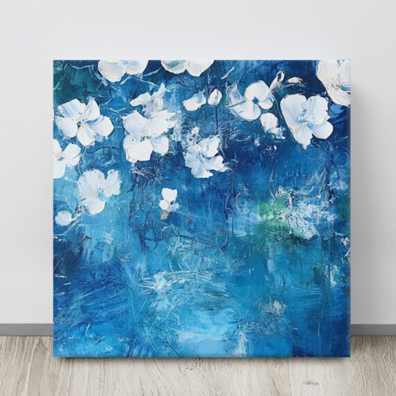 White Blossom Deep Blue Textured Background Coastal Floral Poster