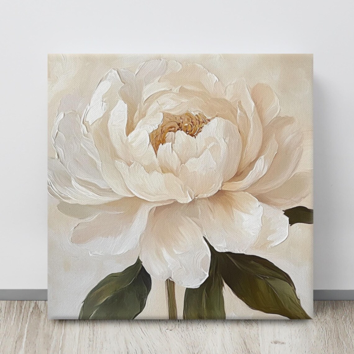 White Peony Bloom Gold Center Cream Impasto Floral Painting Art Poster