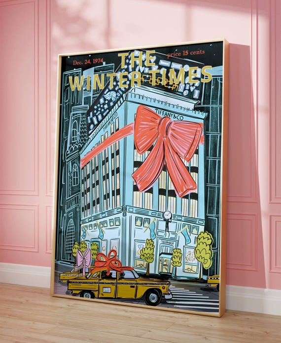 Vintage New York Magazine Cover Poster Retro Christmas Wall Art Festive Holiday Print Cozy Snowy Town Illustration Girly Nyc