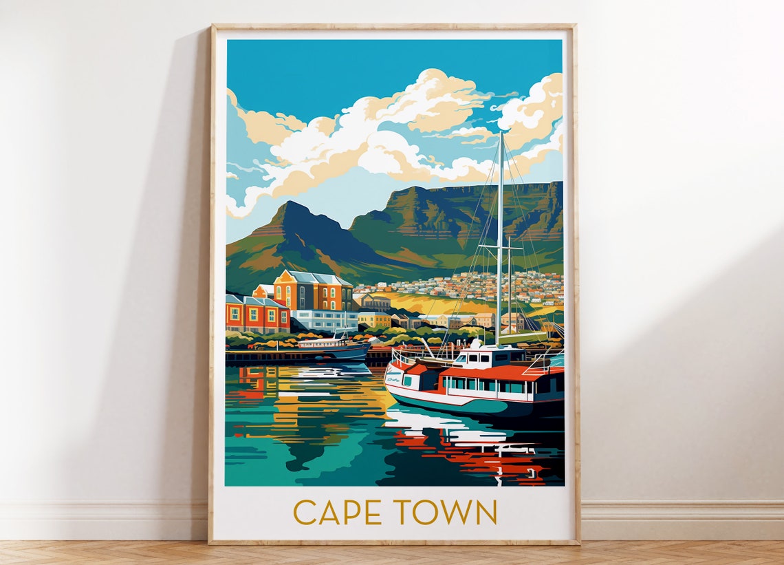 Cape Town Table Mountain Sailboat Harbor Skyline Travel Poster