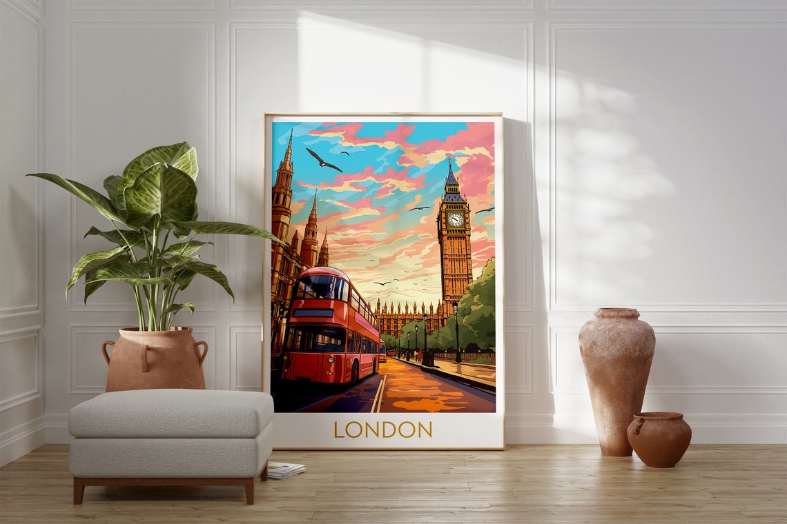 London England Travel Poster with Big Ben and Red Double Decker Bus - Image 2