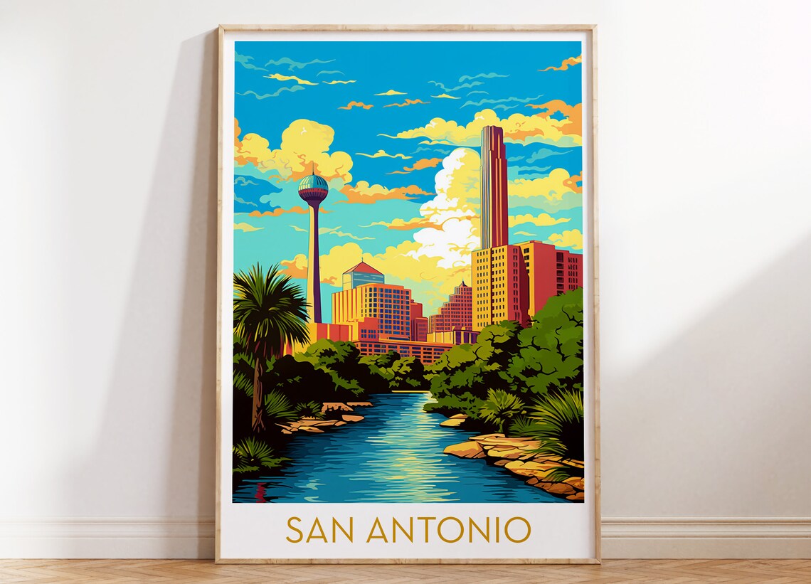 San Antonio Texas Skyline Poster with Tower of the Americas River Walk