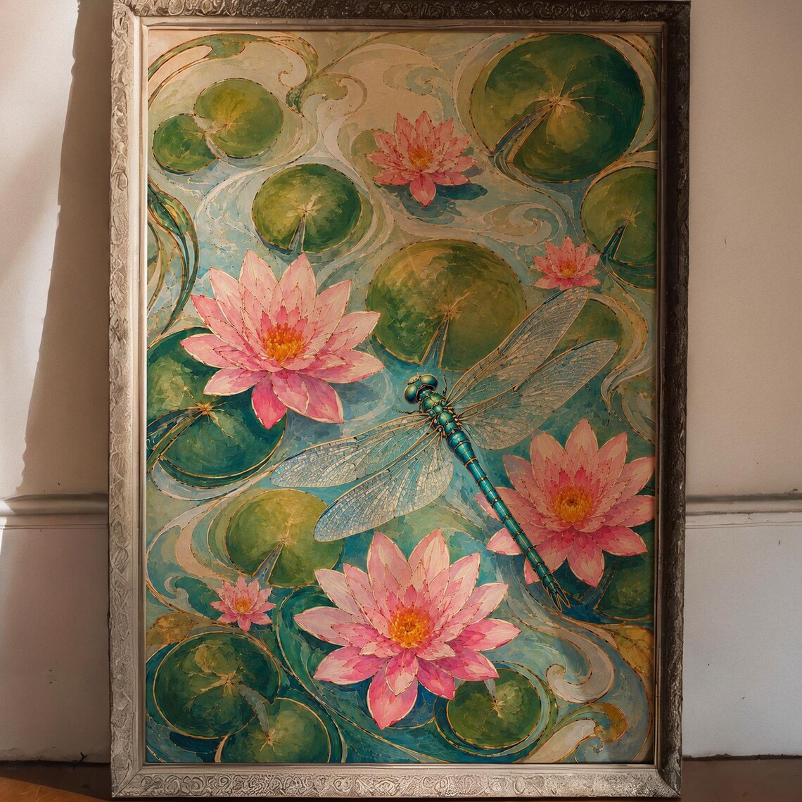 Water Lily Dragonfly Poster, Botanical Pond Art Print
