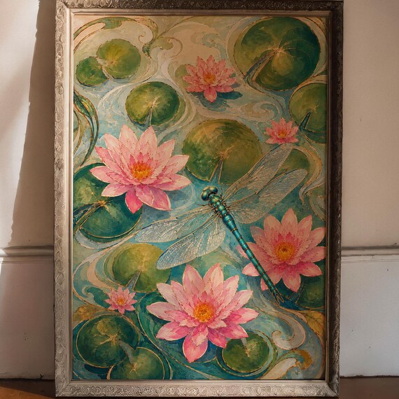 Water Lily Dragonfly Poster, Botanical Pond Art Print