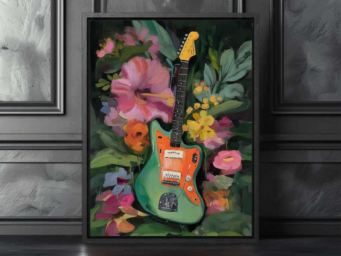 Vintage Electric Guitar Surrounded by Flowers Garden Music Poster