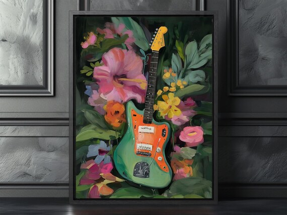 Vintage Electric Guitar Surrounded by Flowers Garden Music Poster