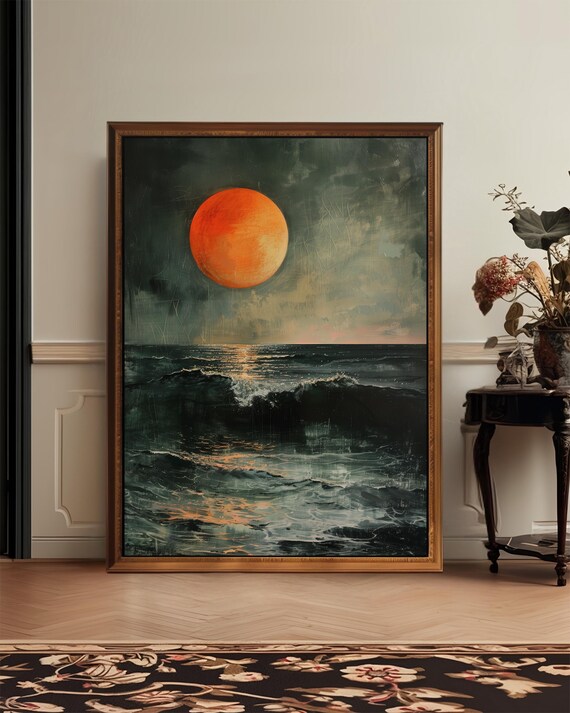 Moody Ocean Sunset With Red Sun Dark Seascape Vintage Art Poster