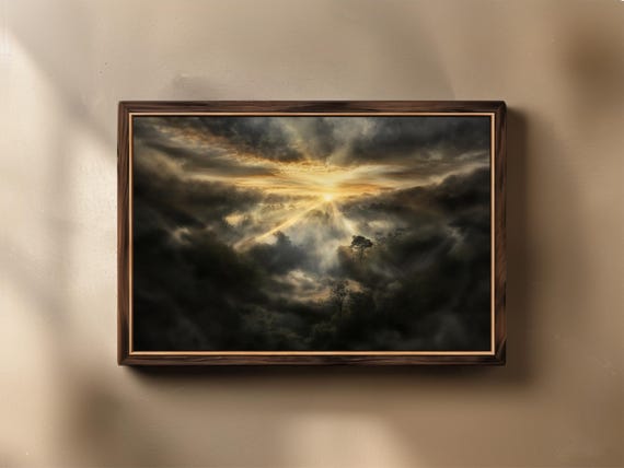 Moody Forest Sunrise Art Print Dark Cloudy Landscape Wall Decor Nature Scene Poster Dramatic Sky And Trees Atmospheric Artwork