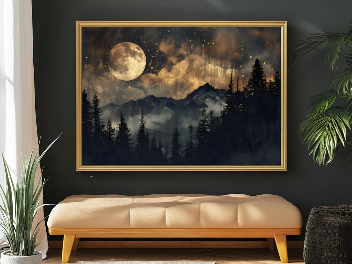 Golden Moon over Misty Mountains Night Sky Celestial Dark Art Poster
