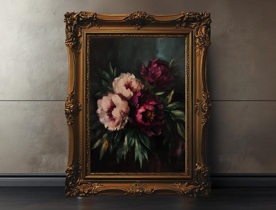 Peony Wall Art Dark Moody Floral Print Vintage Botanical Canvas Romantic Baroque Flower Poster Blush And Burgundy Decor