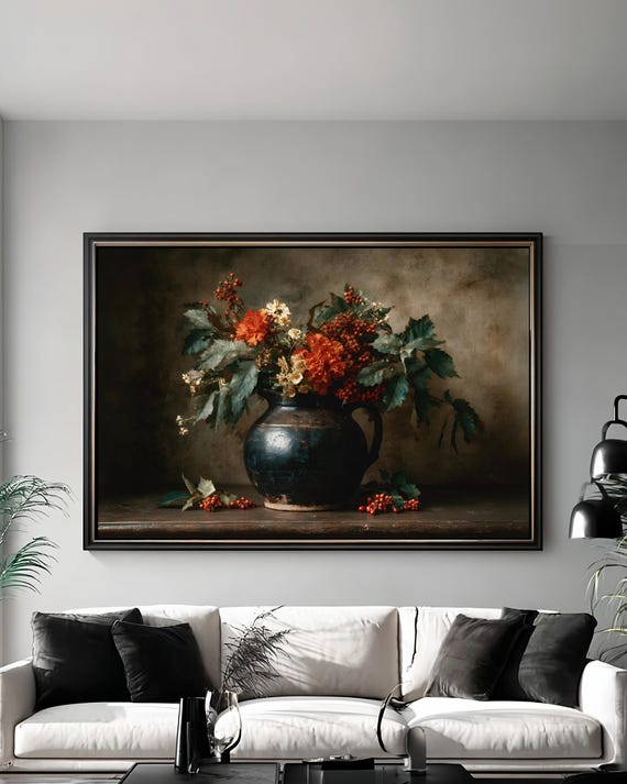Still Life Wall Art Vintage Vase Flower Painting Print Dark Maximalist Old World Botanical Artwork For Elegant Home Decor
