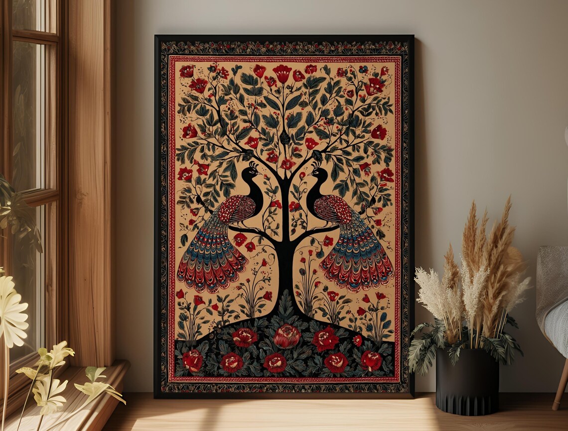Pair of Peacocks Indian Folk Art Tree of Life Wall Decor Poster