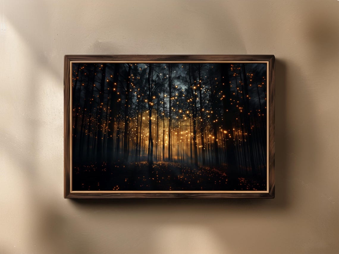 Magical Forest Botanical Horizontal Art Print Dark Academia Decor Firefly Lover Gift Night Landscape Wall For Home And Office