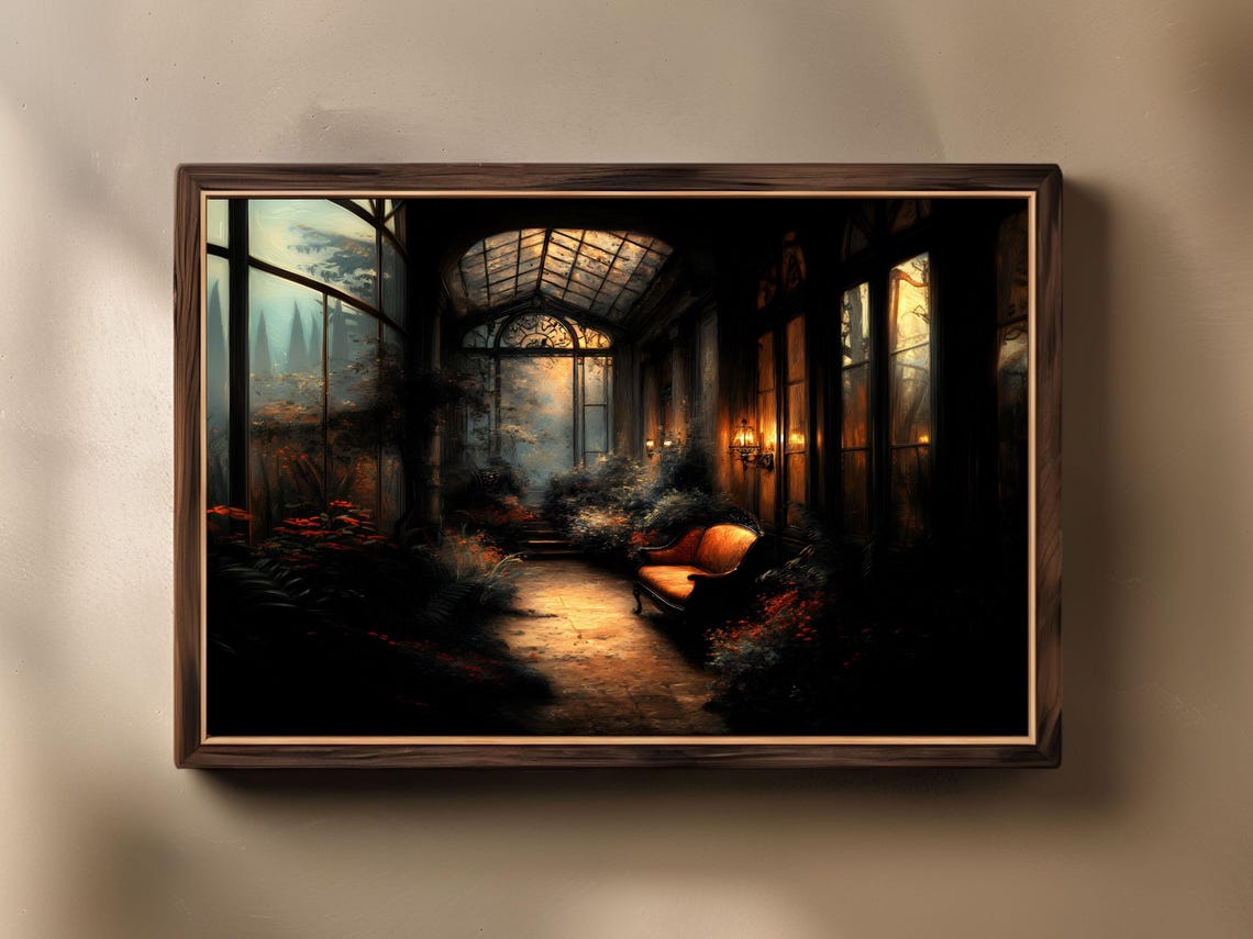 Moody Victorian Greenhouse Interior at Dusk with Plants and Warm Light Poster