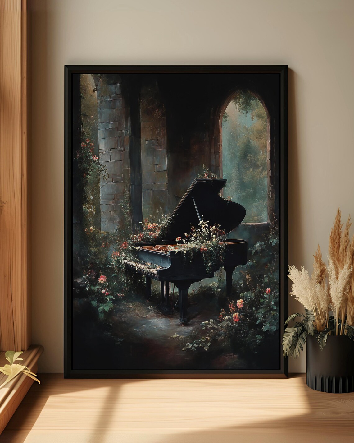 Black Grand Piano Stone Ruins Wild Roses Vintage Music Room Poster