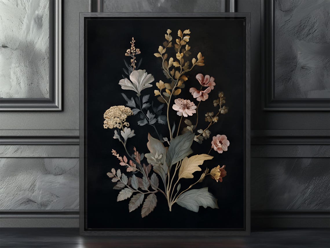 Dark Canvas Print Heritage Botanical Floral Wall Art Dramatic Antique Style