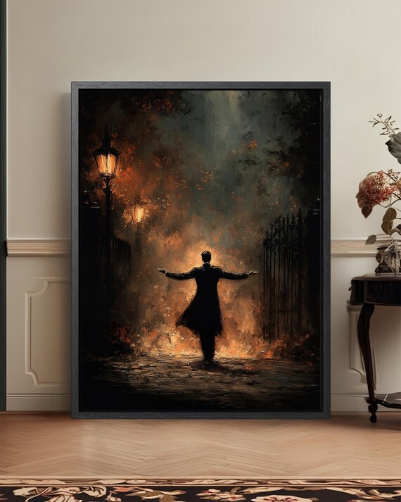 Man in Lamplight Gaslit Cobblestone Street Night Oil Painting Poster