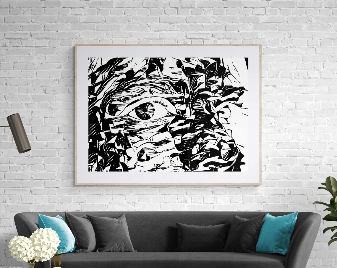 Striking Eye in Black and White Cubist Abstract Art Portrait Print