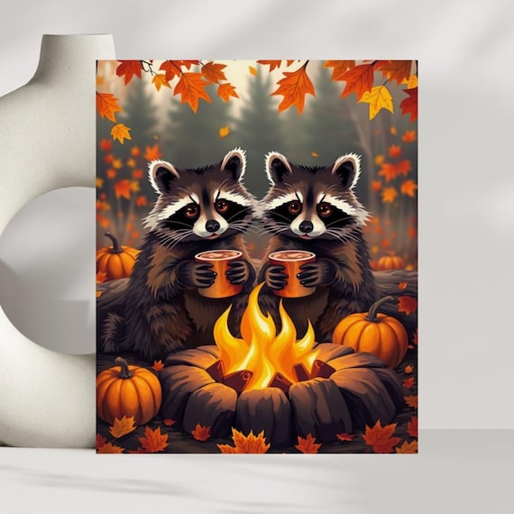 Autumn Raccoon Campfire Cozy Fall Night Woodland Animals Poster