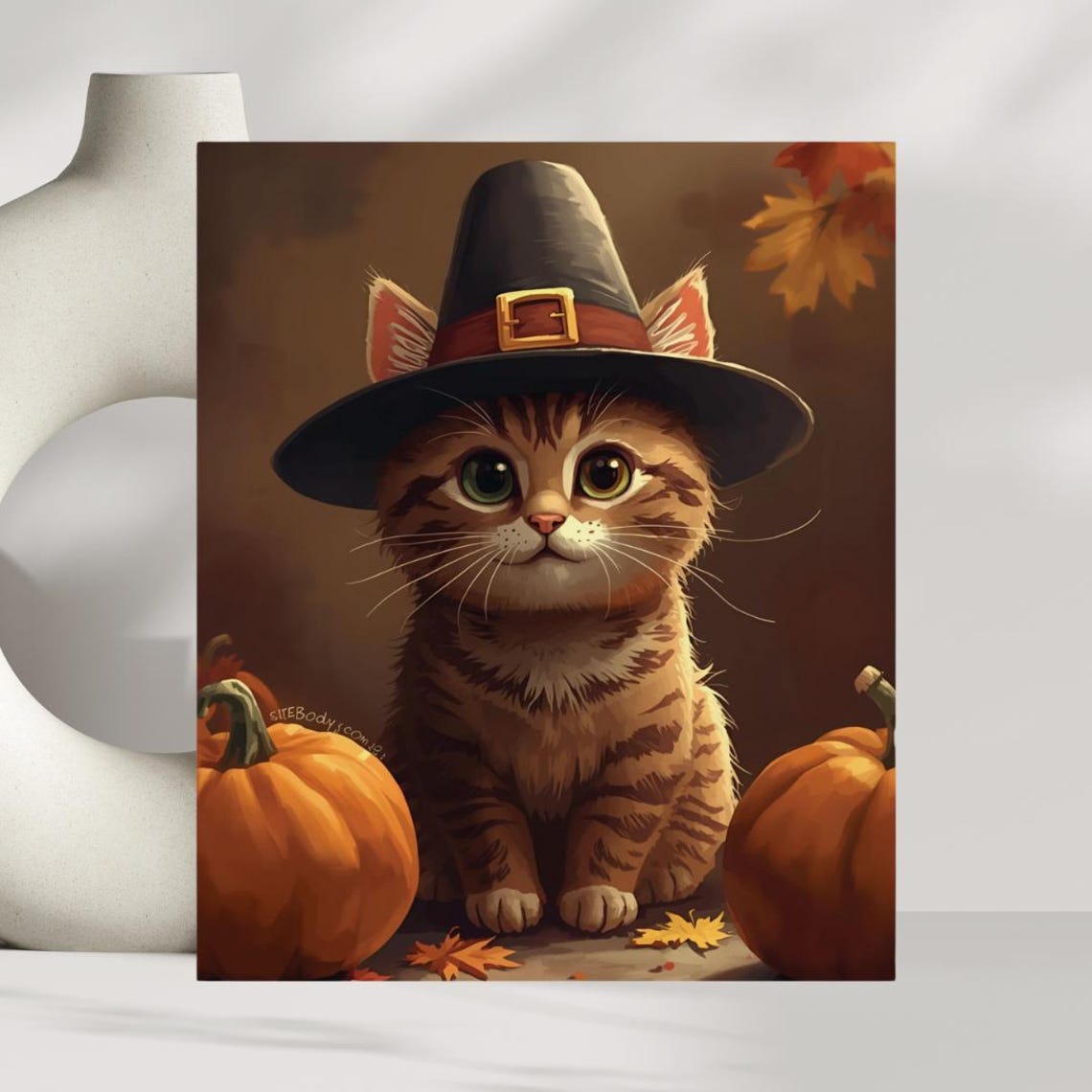 Pilgrim Hat Kitten Thanksgiving Fall Pumpkin Cute Cat Poster