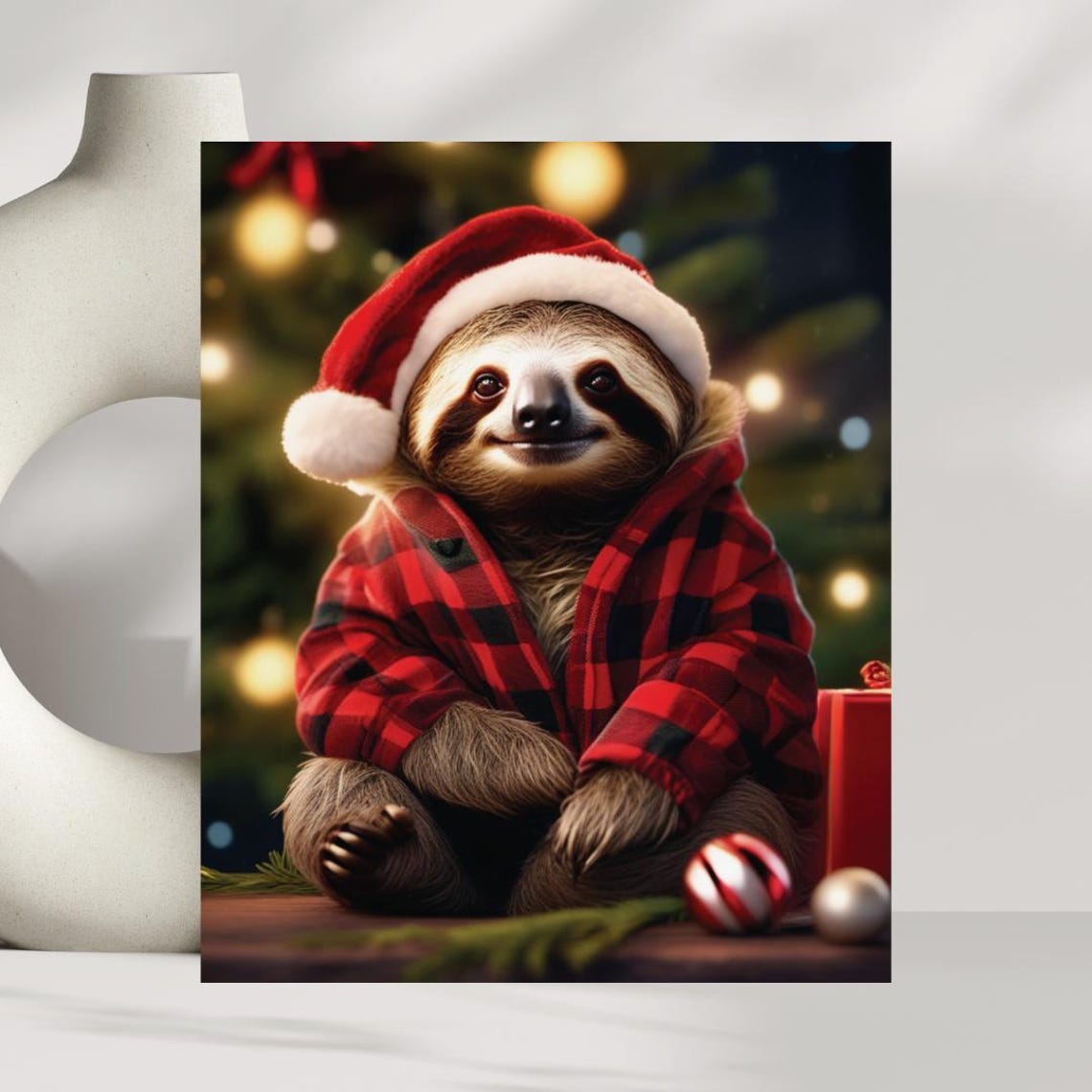 Adorable Christmas Sloth Santa Hat Cozy Buffalo Plaid Art Poster