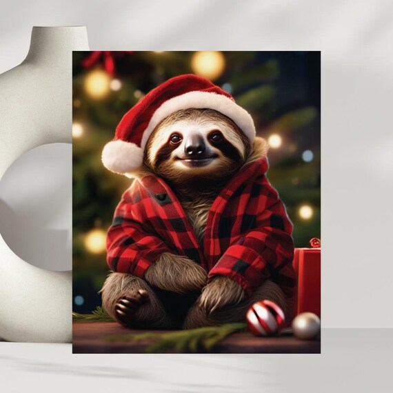 Adorable Christmas Sloth Santa Hat Cozy Buffalo Plaid Art Poster
