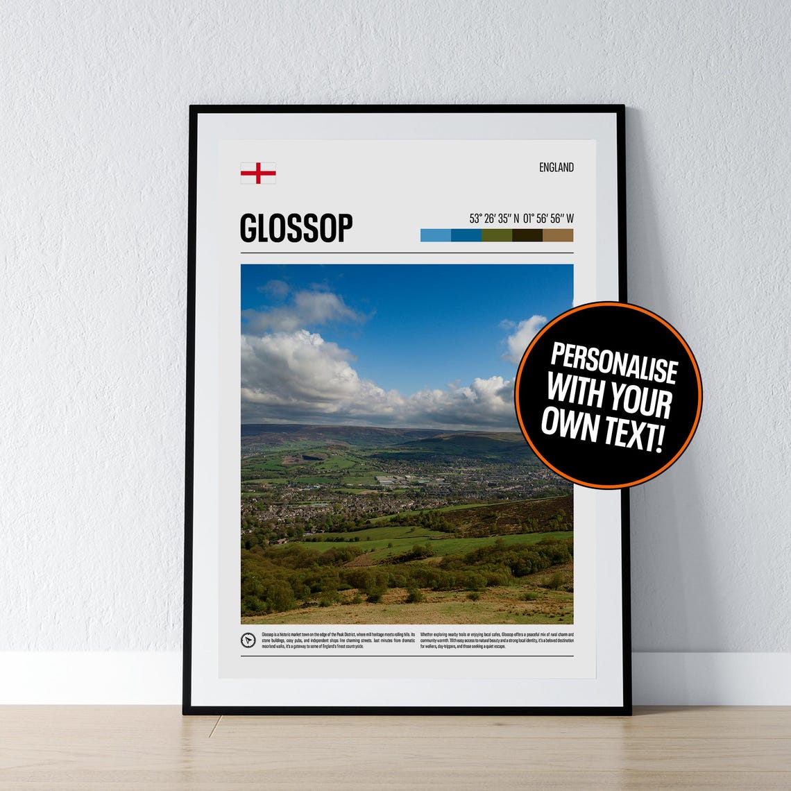 Glossop Peak District Valley View Coordinates Photo Travel Print