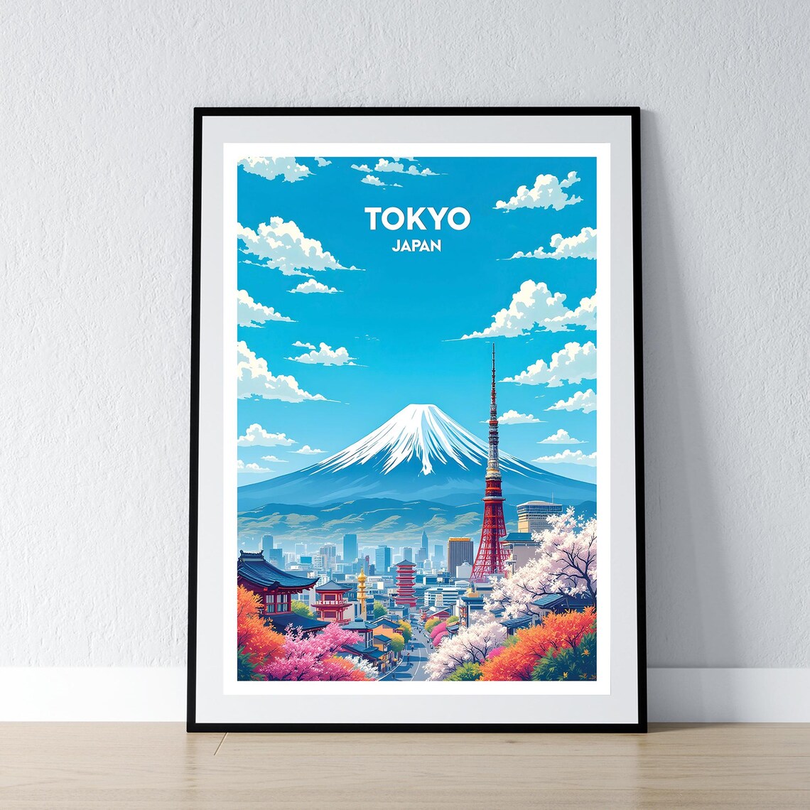 Tokyo Japan Vintage Travel Poster Mount Fuji Tower Cherry Blossom Art