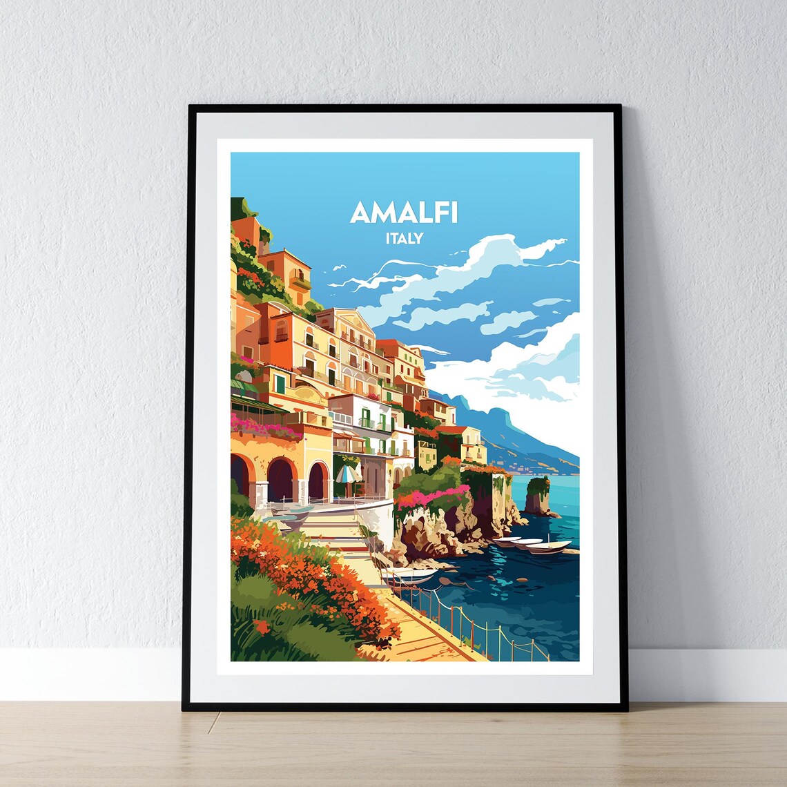 Amalfi Italy Harbor Boats Vintage Travel Poster Coastal Stairs Artwork
