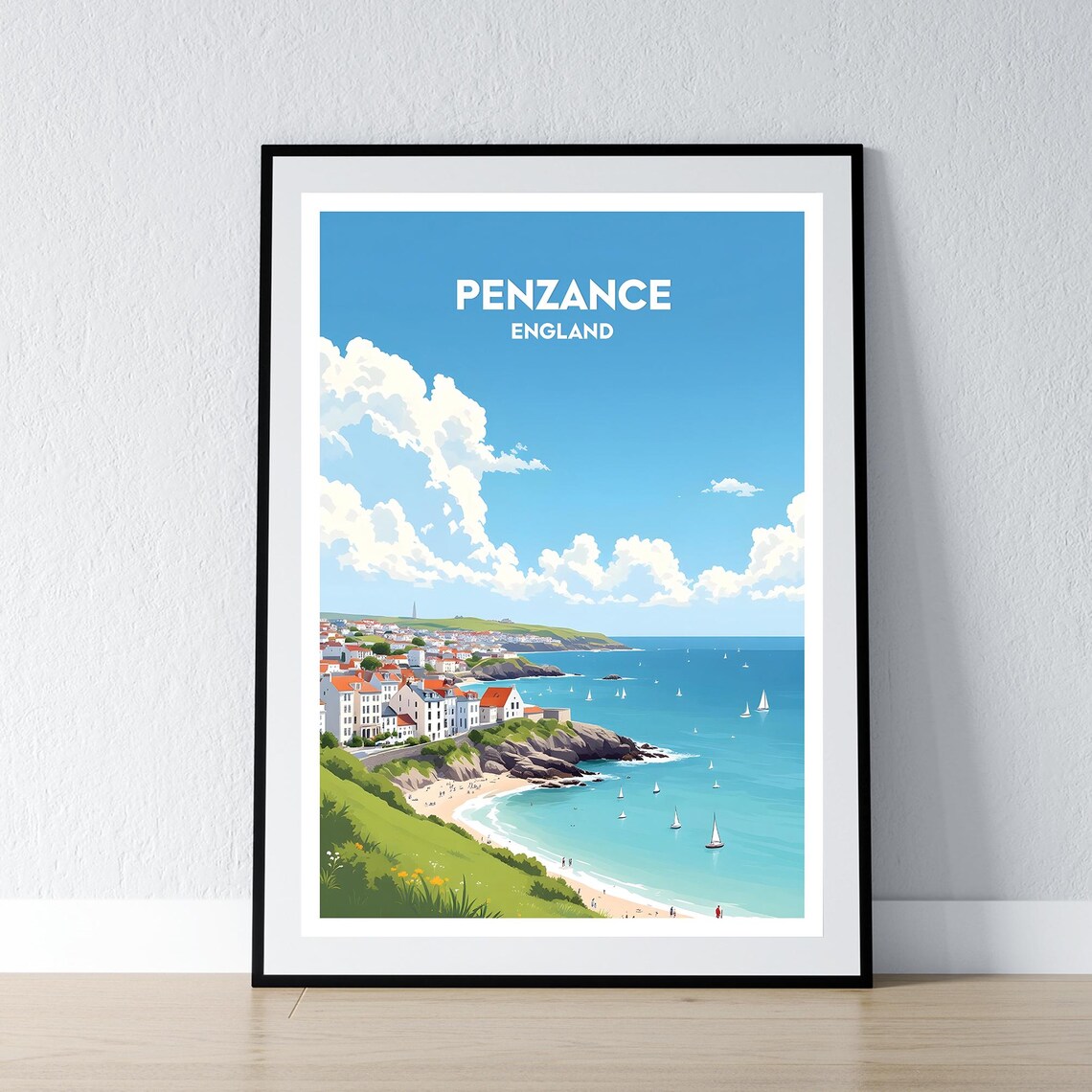 Penzance England Coastal Harbor Sailboats Retro Travel Poster