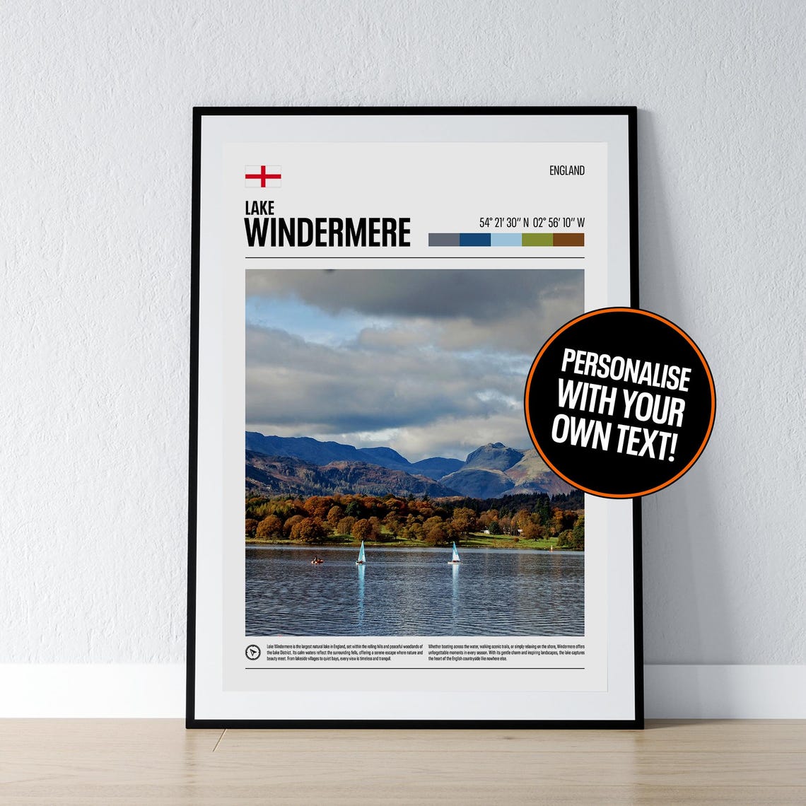 Lake Windermere England District Coordinates Travel Photo Poster