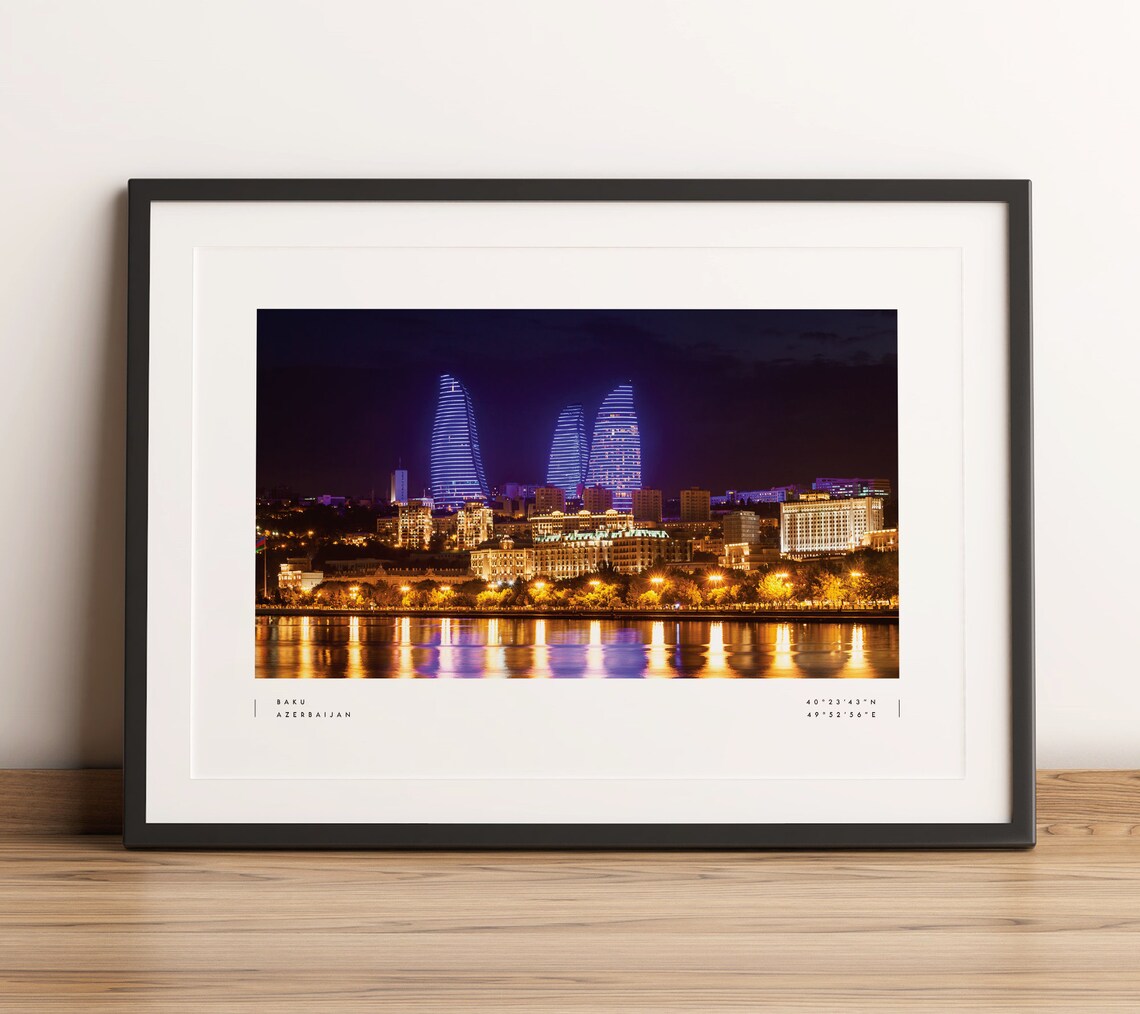 Baku Azerbaijan Flame Towers Night City Lights Photo Travel Poster