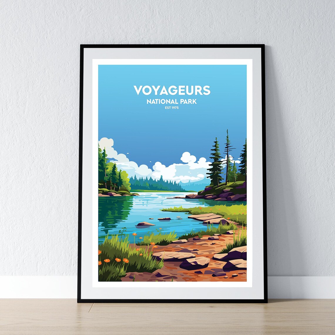 Voyageurs National Park Est 1975 Rocky Lake Shore Pines Travel Poster