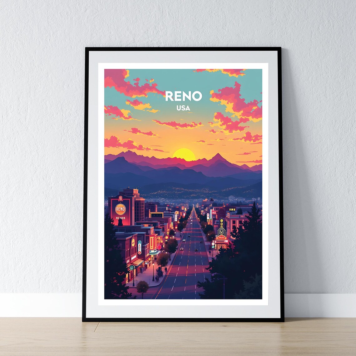 Reno USA Neon City Sunset Mountain Skyline Retro Travel Poster