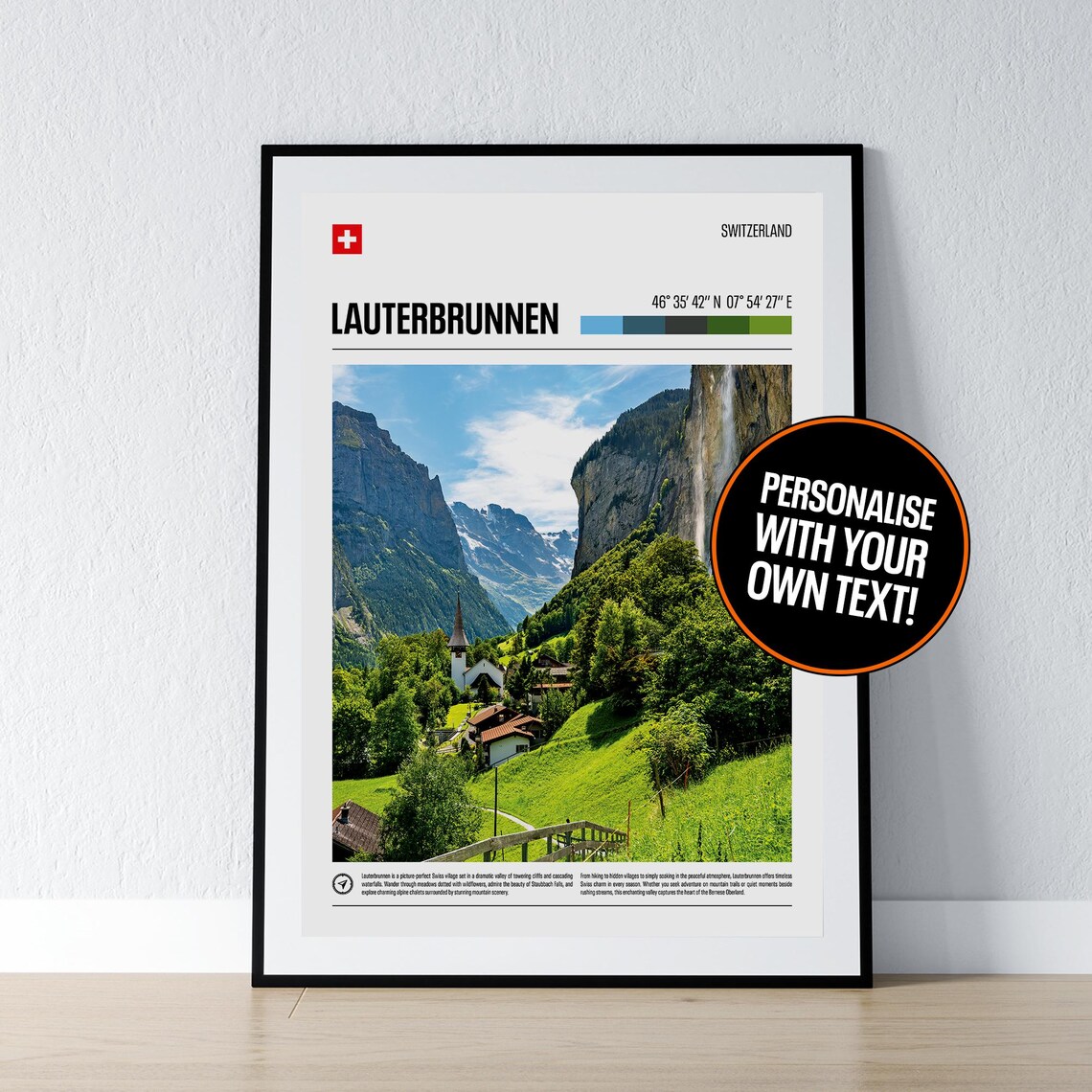 Lauterbrunnen Switzerland Waterfall Valley Personalised Travel Poster