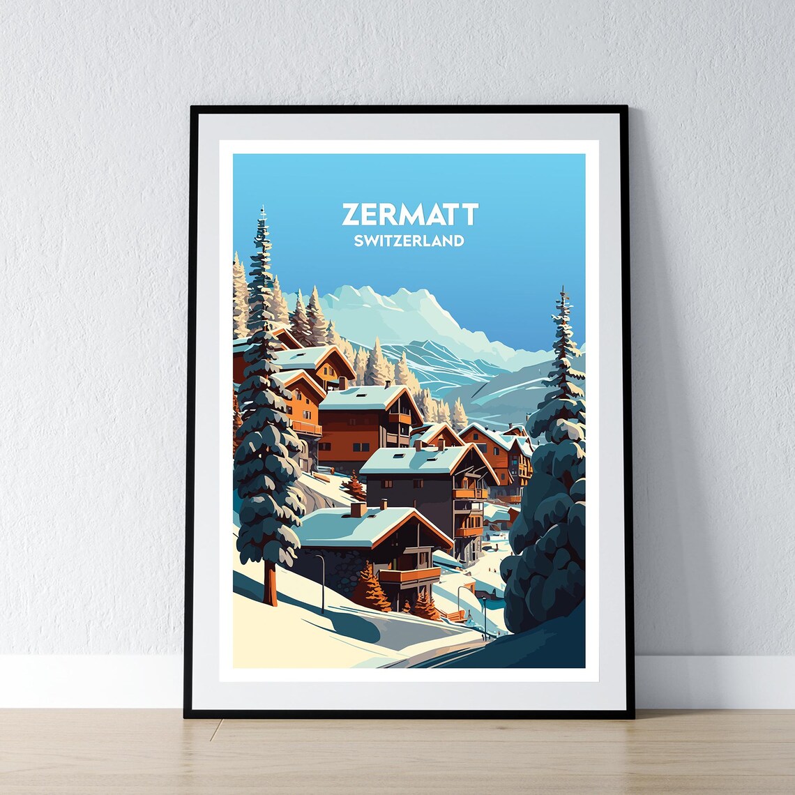 Zermatt Switzerland Alpine Chalets Snowy Hillside Travel Poster